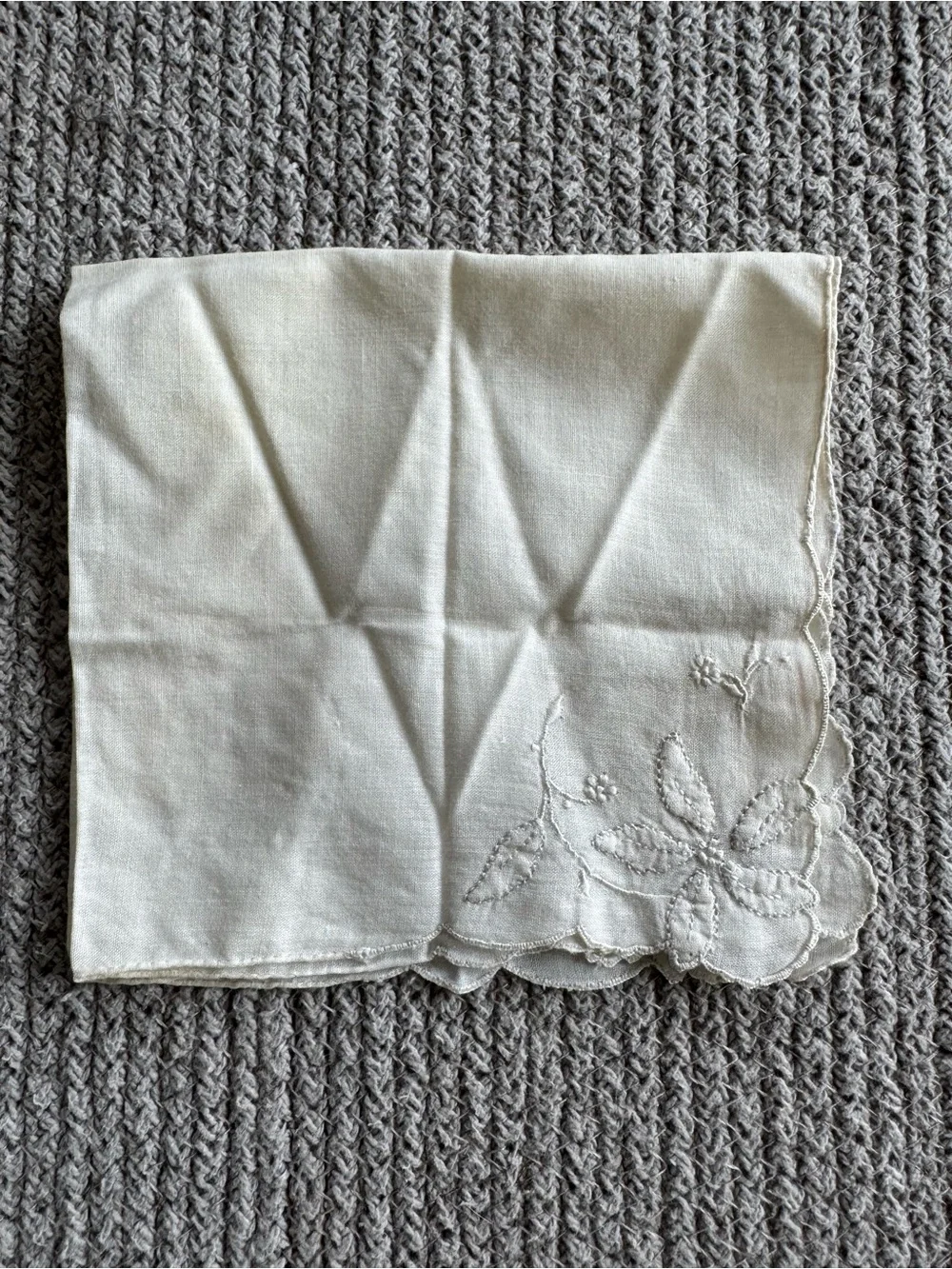 Vintage Set of 12 Floral Embroidered White Ivory Floral Linen Cotton Napkins